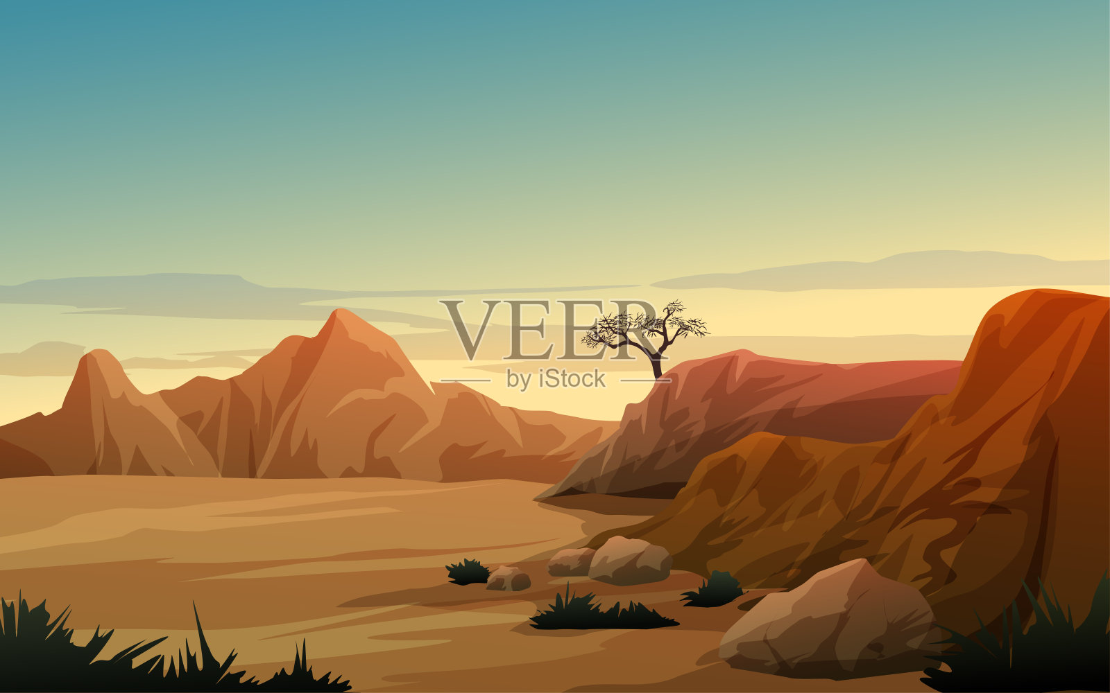 日落时的沙漠和山脉插画图片素材