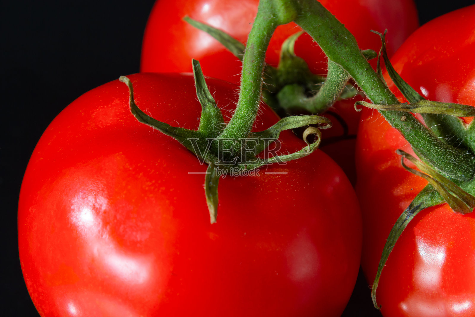 红行成熟的番茄与水滴发光。新鲜可口的西红柿中含有天然抗氧化剂。堆番茄孤立在黑色背景照片摄影图片