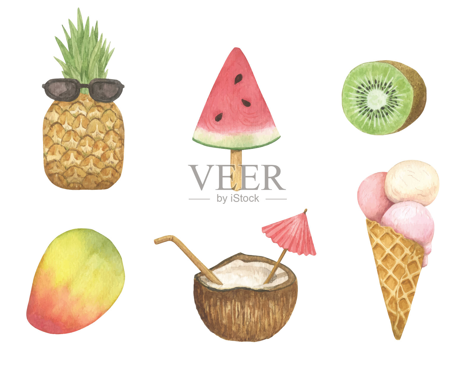 夏季水彩与食物。西瓜，冰淇淋，菠萝，猕猴桃和椰子。插画图片素材