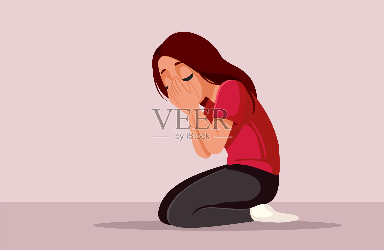 悲伤沮丧不快乐的青少年女孩独自哭泣矢量插图插画图片素材