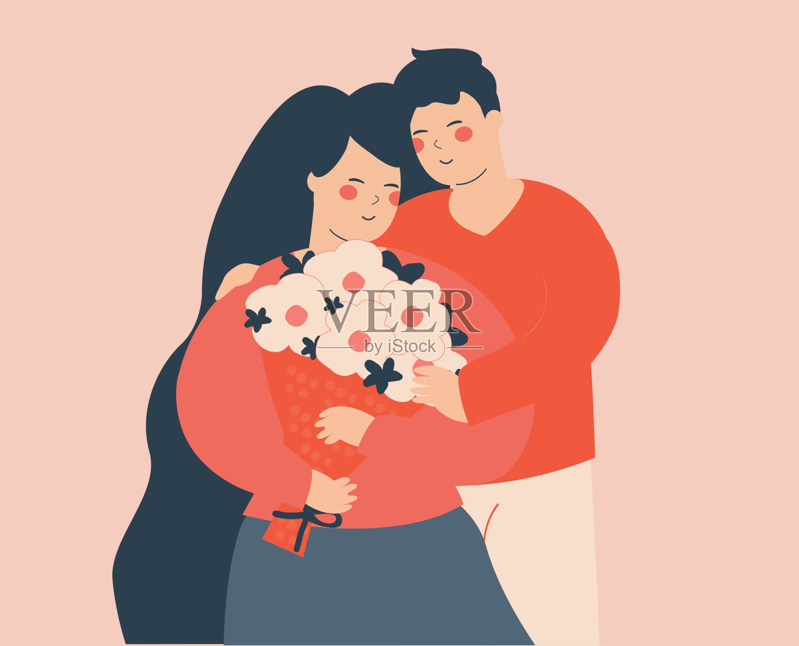 年轻女子或妻子捧着一束花，拥抱着她的丈夫。浪漫的情侣彼此相爱。家庭日和情人节的概念。插画图片素材