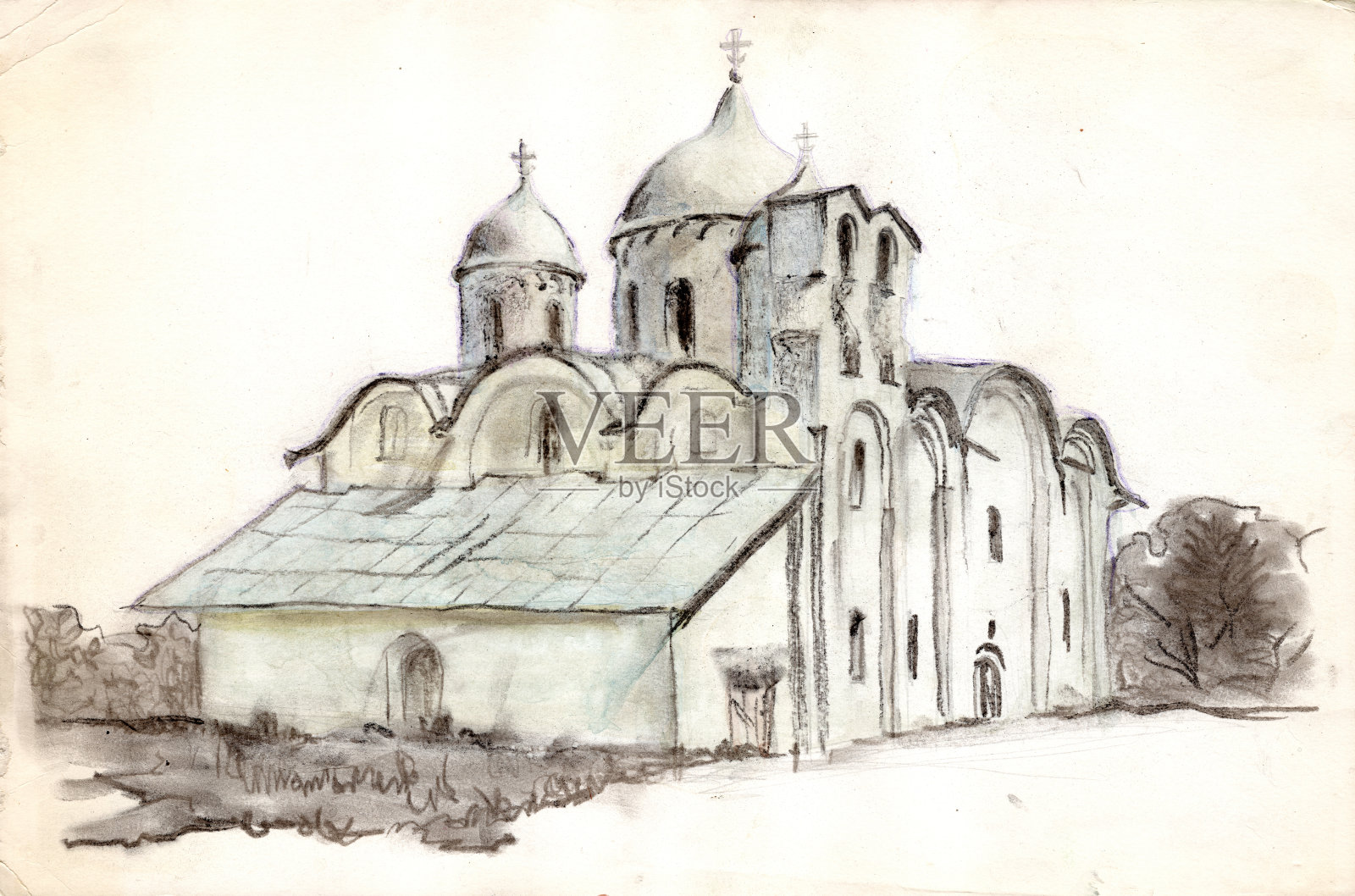 俄罗斯普斯科夫市伊万诺夫斯基修道院的一座古老教堂，有着传统的钟墙。用水彩和彩色蜡笔画素描插画图片素材