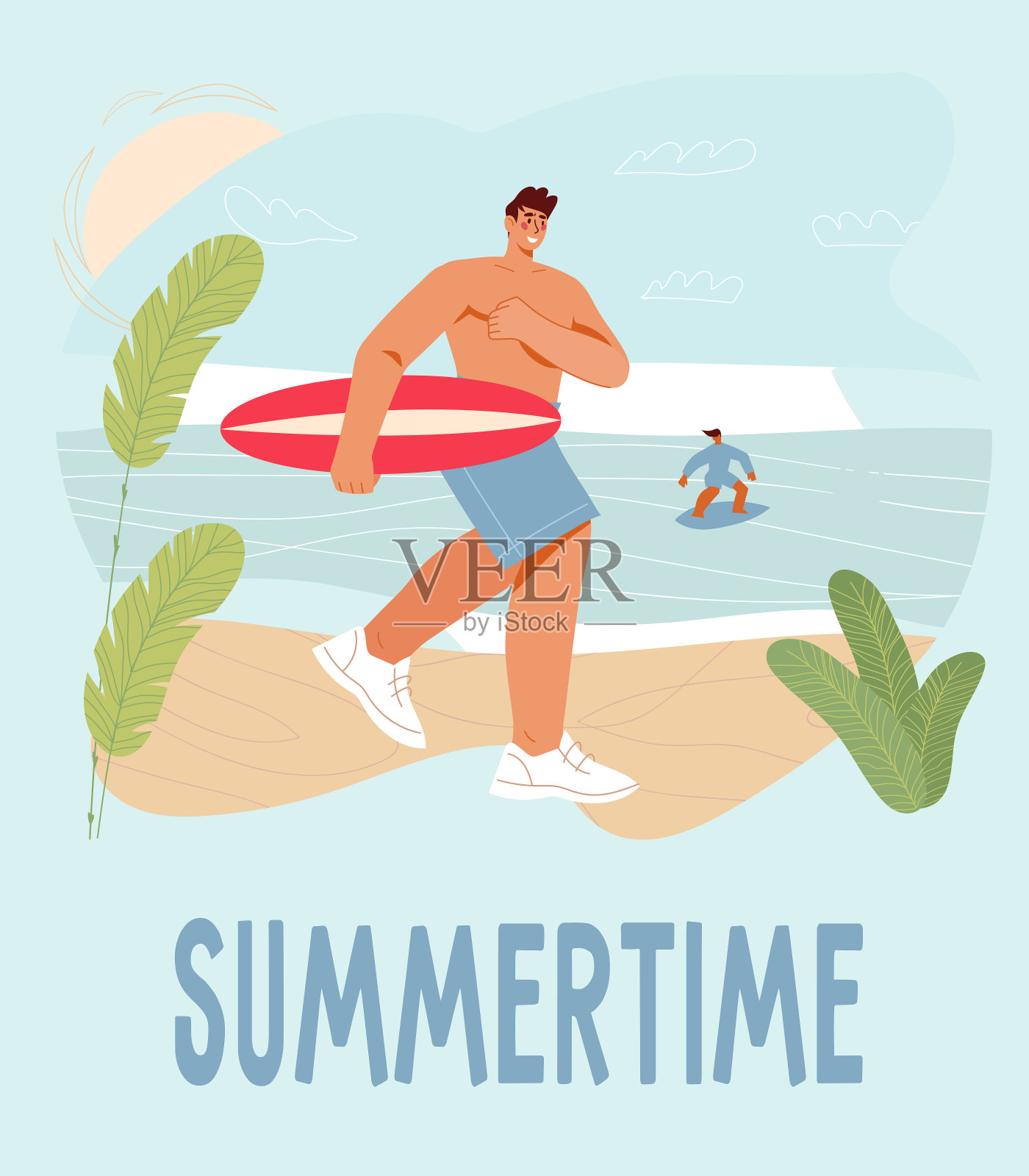 夏天时间卡或海报冲浪者冲到海滩平面矢量插图。插画图片素材