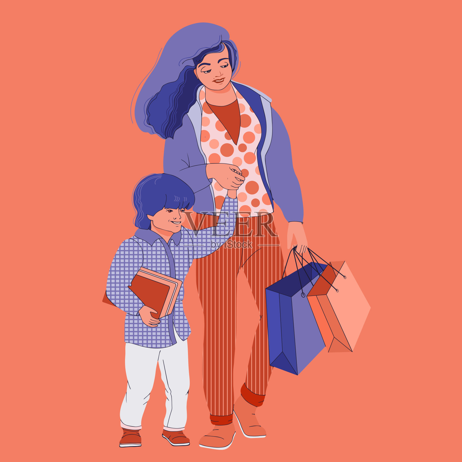 家庭购买。母亲和儿子拿着购物袋。向量。插画图片素材