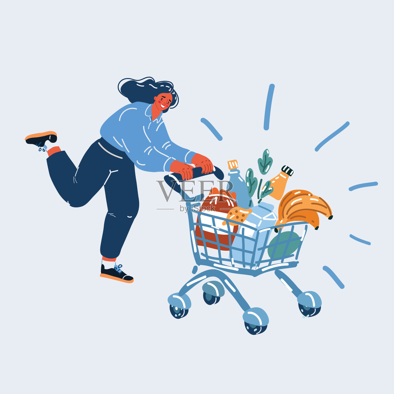 一个年轻女子推着装满食品杂货的购物车和跑的全长肖像矢量插图插画图片素材