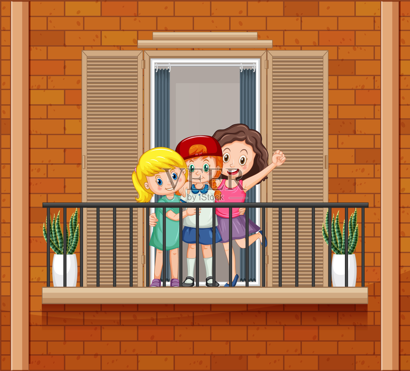 三个女孩的卡通人物在房间里的场景插画图片素材_ID:420747990-Veer图库