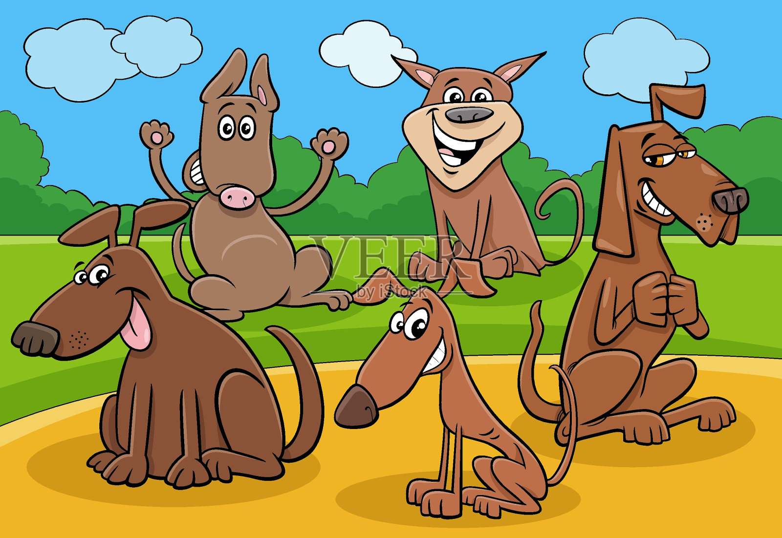 卡通狗和小狗滑稽的角色组插画图片素材