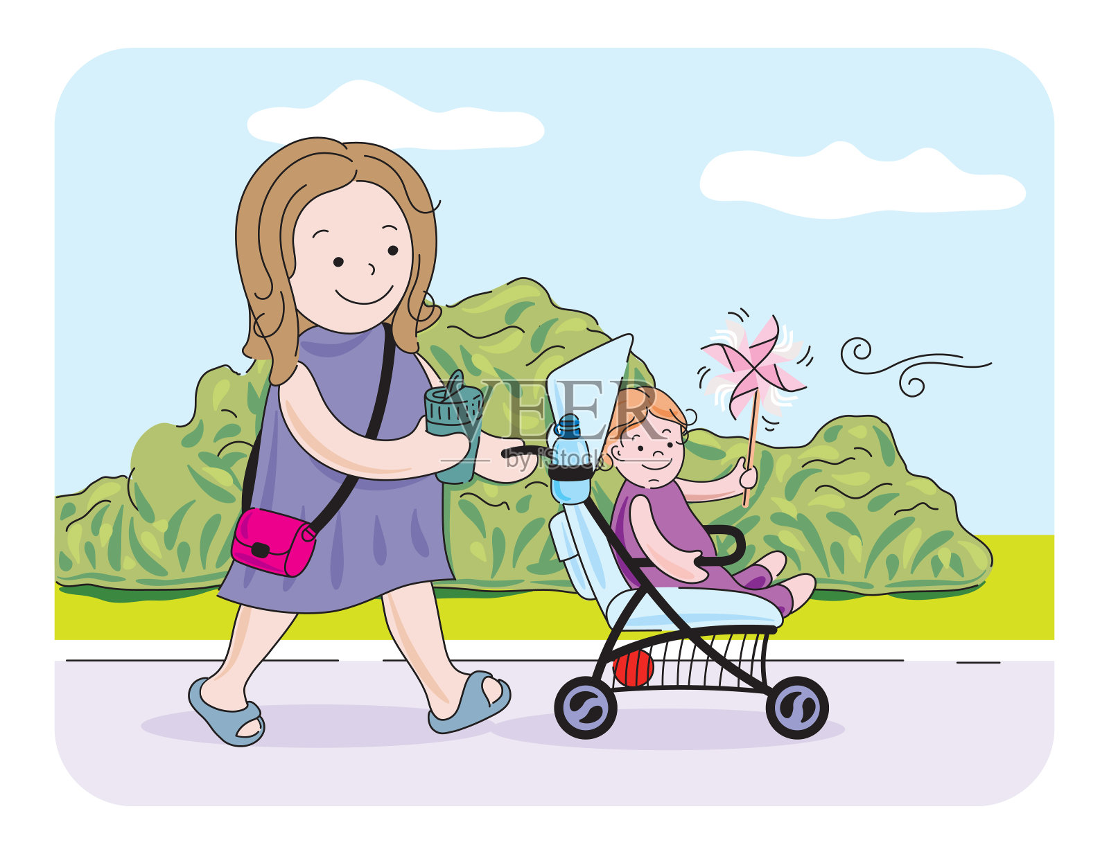 婴儿车散步场景矢量插画设计素材 Walk With Baby – Vector Illustration – 设计小咖