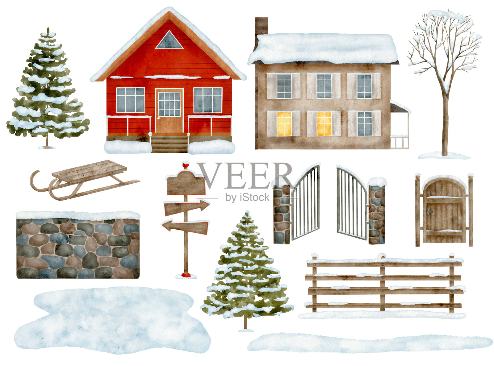 水彩冬季房屋景观套装。手绘木小屋，栅栏，大门，雪橇，光秃秃的树，雪杉树和雪堆插图孤立在白色背景上。圣诞节的设计。设计元素图片