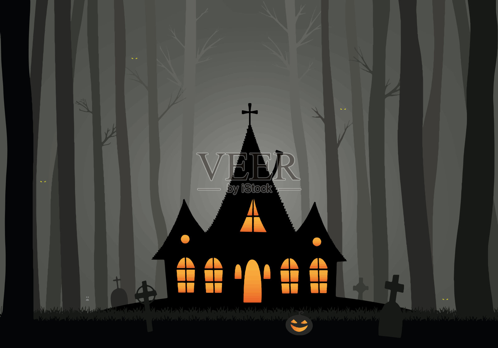 万圣节在黑暗的森林里可怕的黑房子插画图片素材
