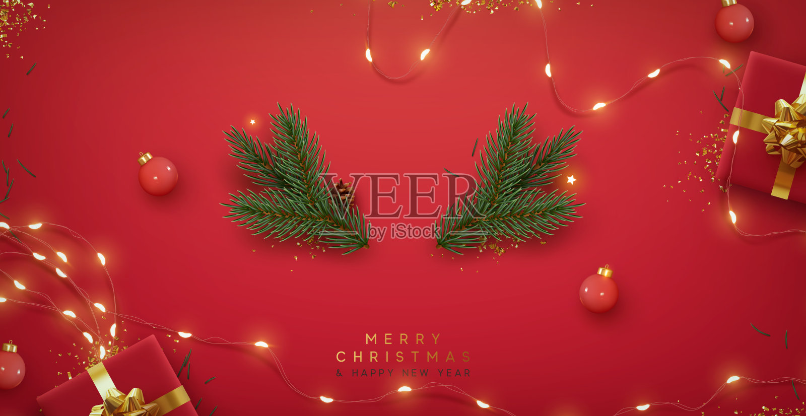 圣诞红背景与逼真的3d装饰设计元素。喜庆的圣诞构图平顶观红色的礼盒，发光的花环装饰，绿色的树枝。矢量图插画图片素材