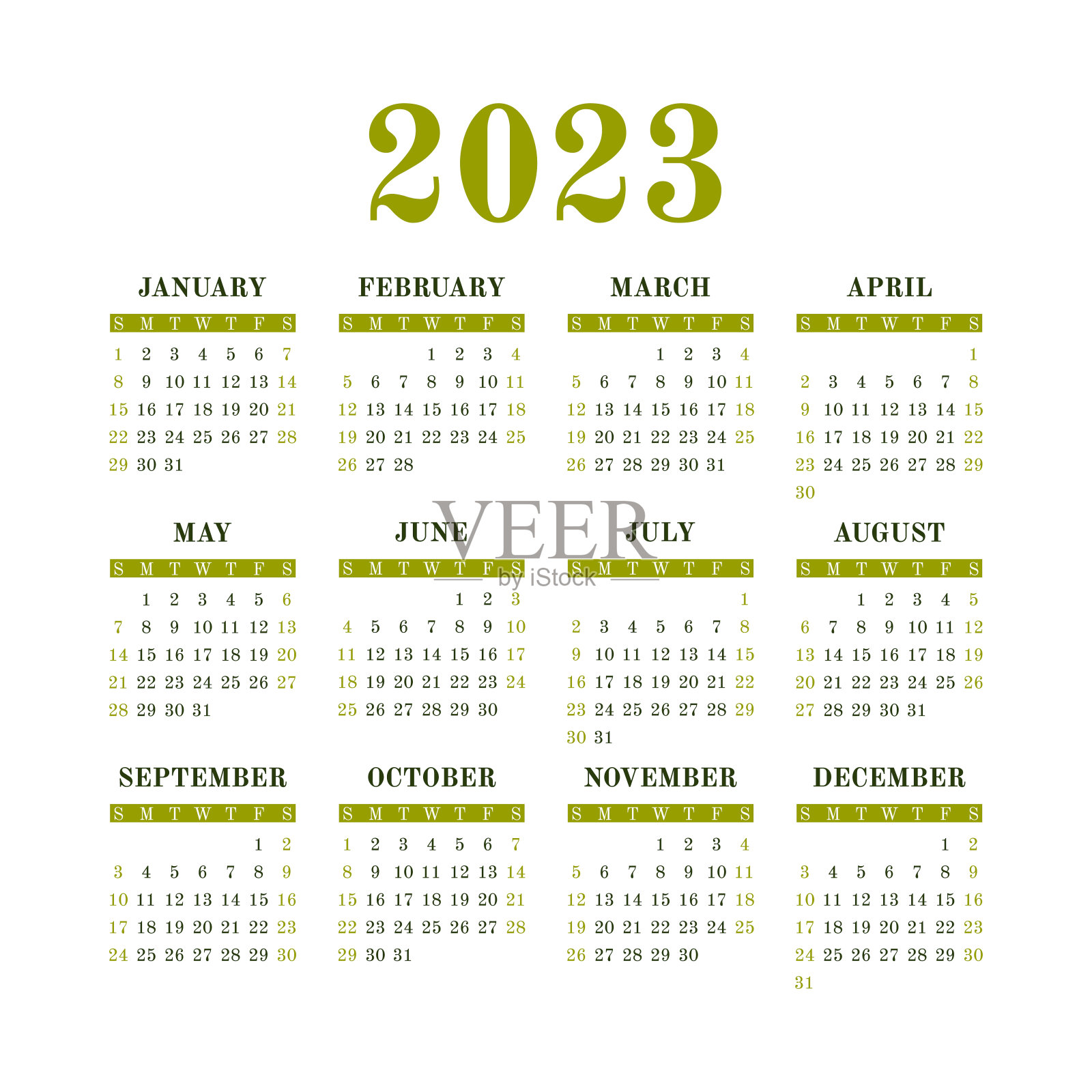 2023年日历。彩色英文方形砑光机。一月、二月、三月、四月、五月、六月、七月、八月、九月、十月、十一月和十二月设计模板素材