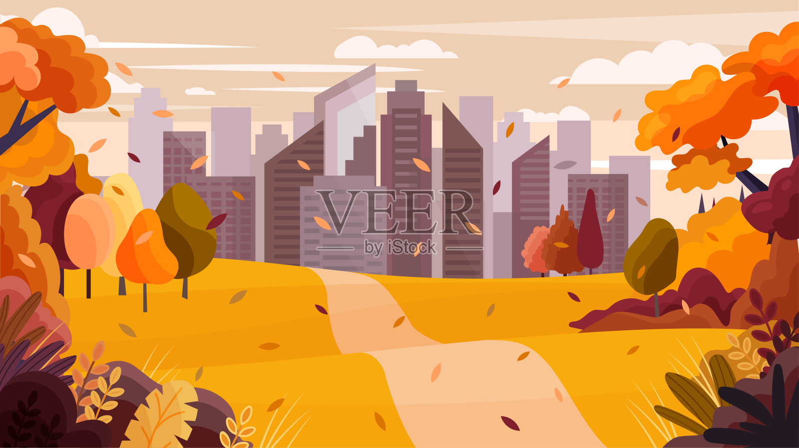 城市上的秋天公园插画图片素材
