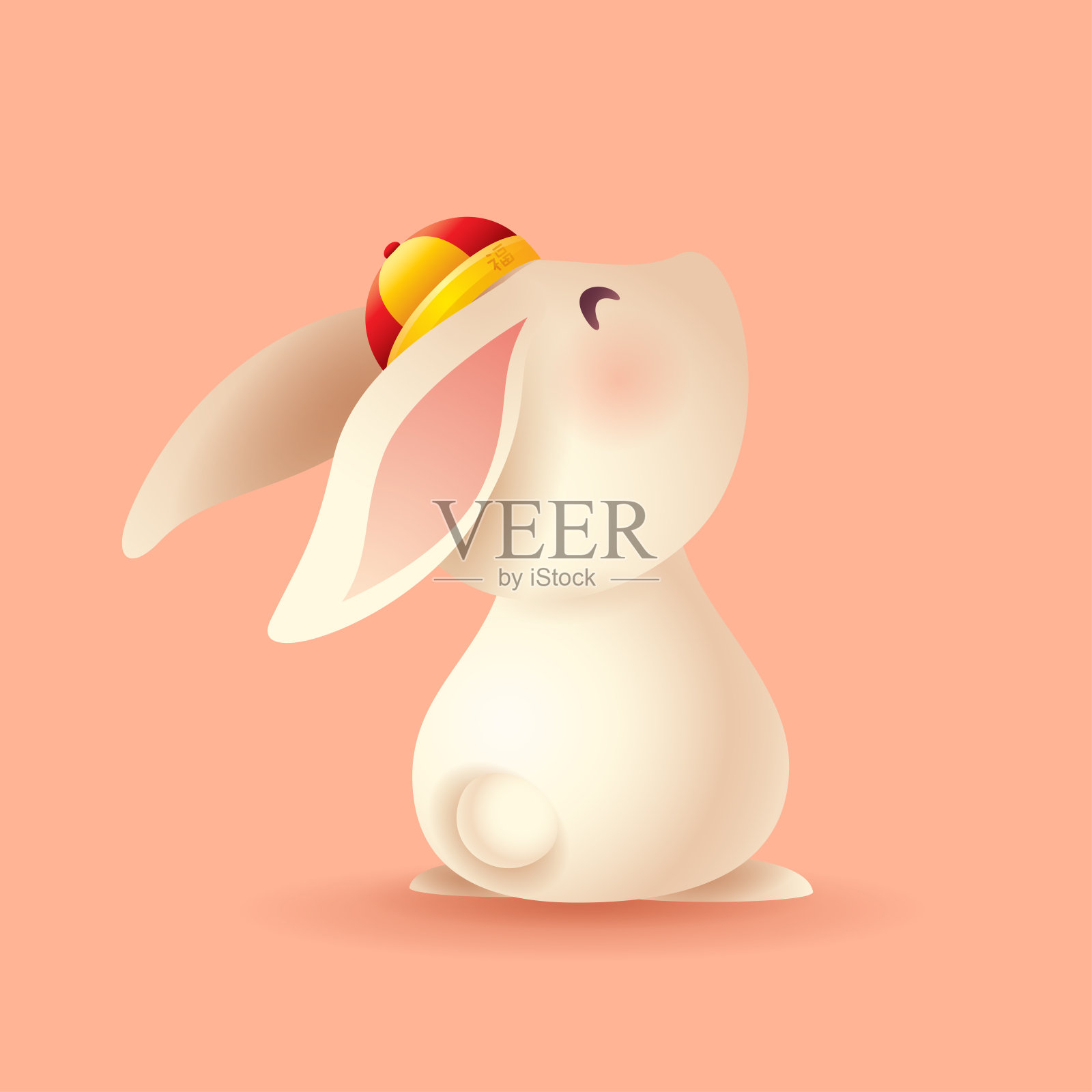 可爱的兔子带着中国帽子向上看。兔年。翻译——祝你好运。设计元素图片