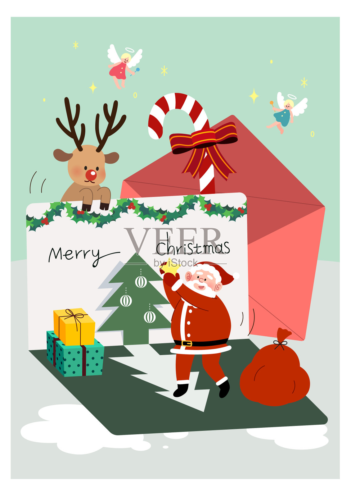 庆祝活动，圣诞节，冬天，性格，圣诞老人，鲁道夫，礼盒，礼物，圣诞卡，仙女插画图片素材