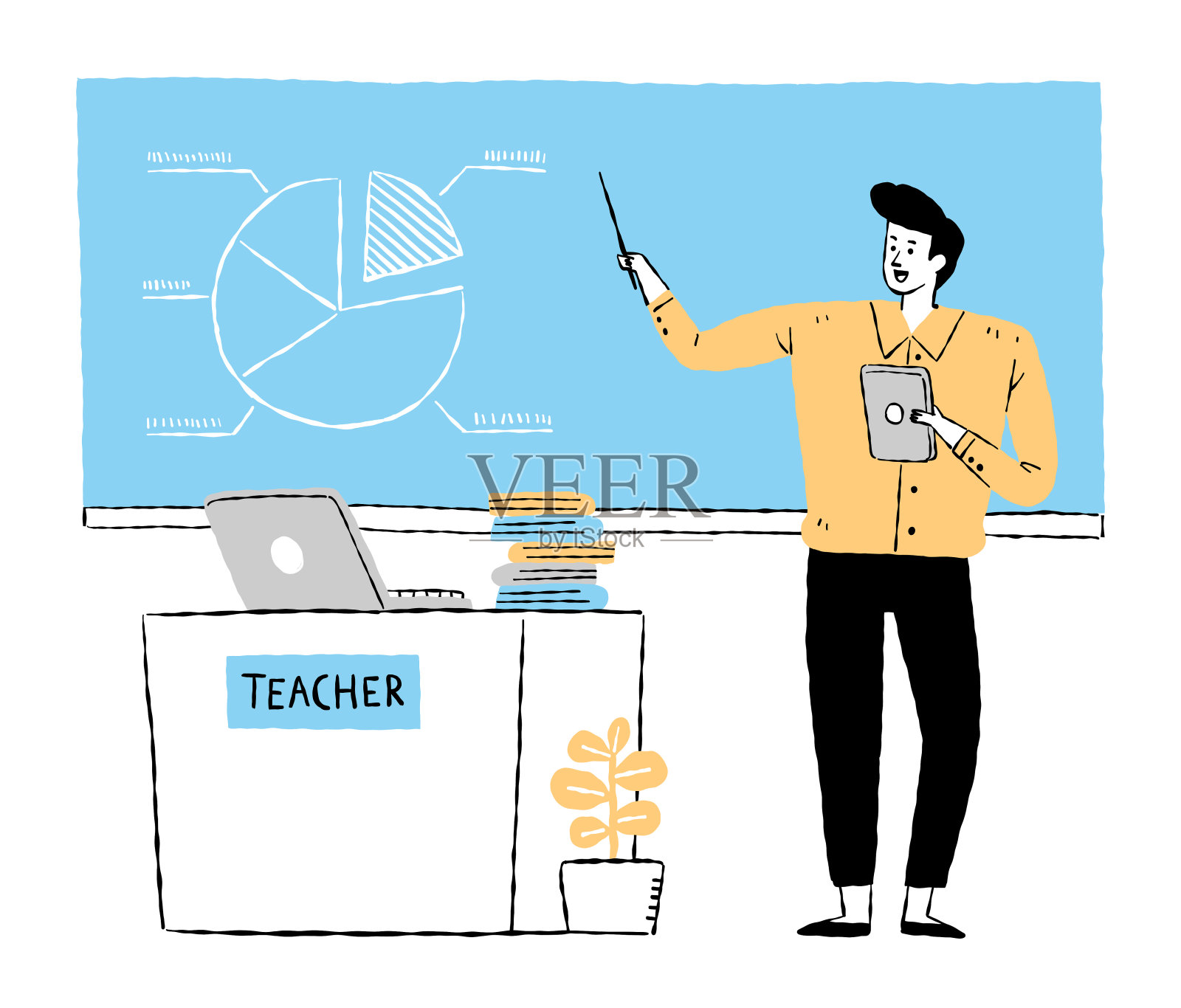 男老师在课堂上使用电脑和平板电脑教学插画图片素材