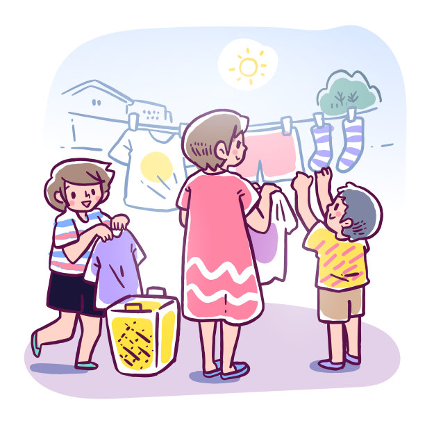 矢量插图的女孩和男孩,帮助他们的母亲挂和烘干洗衣服一起在阳光明媚