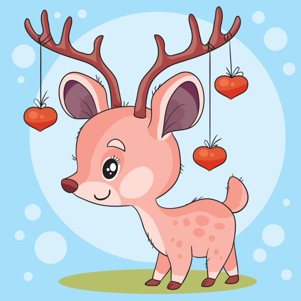 可爱的小鹿,犄角上装饰着一根绳子上的小红心,节日插图,插画图片