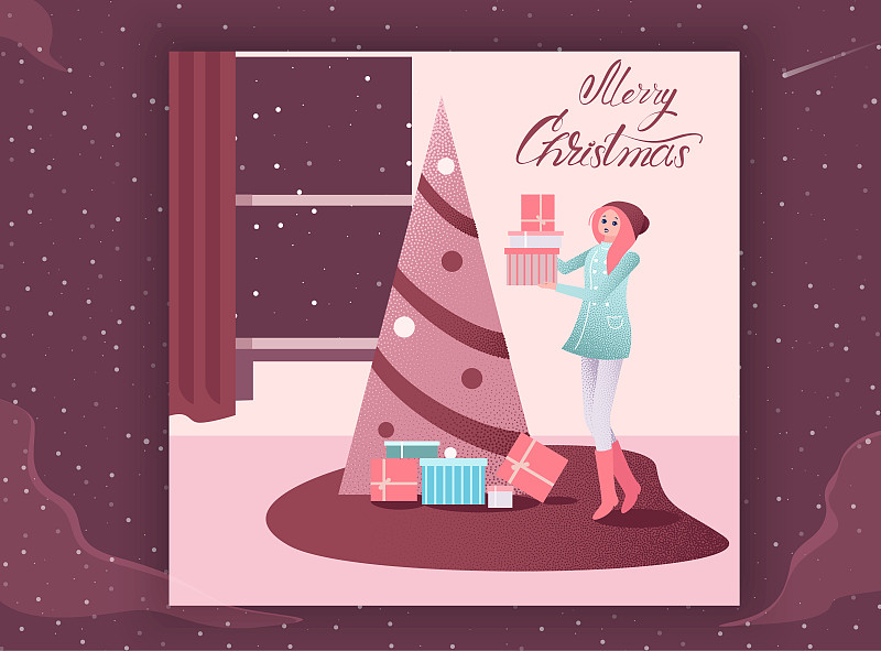 圣诞贺卡与圣诞树和女孩与礼物。图片素材