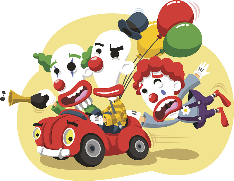 小丑马戏团表演在汽车与气球和喇叭图片素材