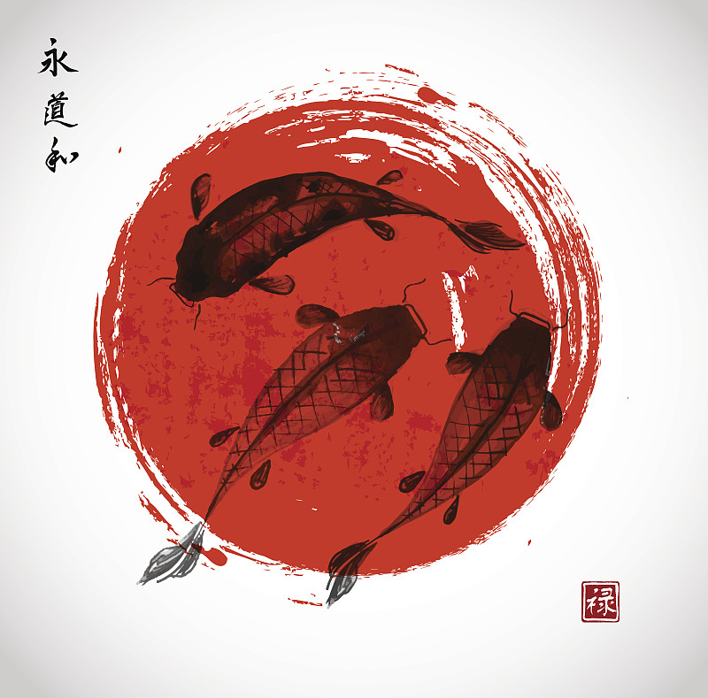 日本风格的红色和黑色锦鲤图片下载