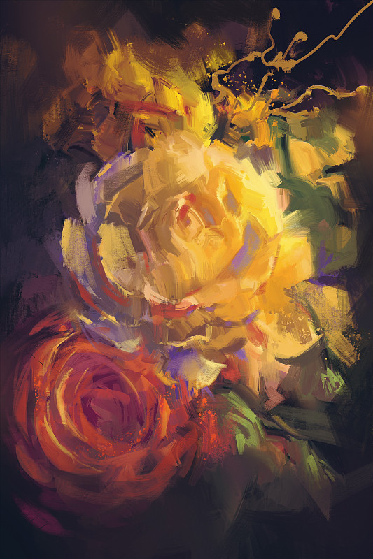 彩色玫瑰花束，油画风格图片下载