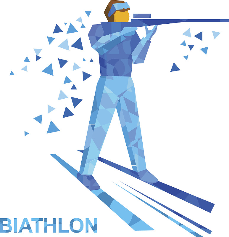 冬季两项。卡通滑雪运动员站在滑雪板上射击步枪图片下载