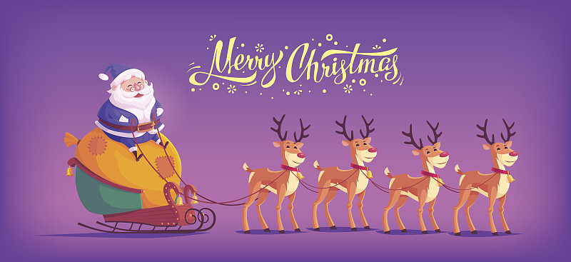 可爱的卡通圣诞老人骑着驯鹿雪橇图片素材