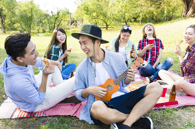 快乐的年轻群享受野餐派对图片素材