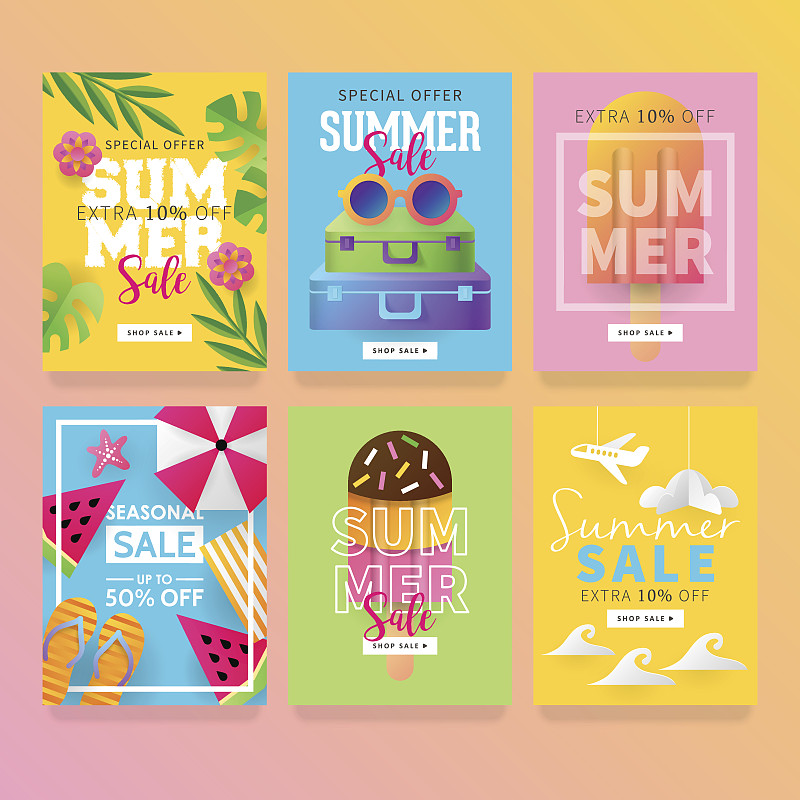 夏季销售横幅模板设置为社交媒体和移动应用与纸艺术旅行和假期背景。矢量图素材