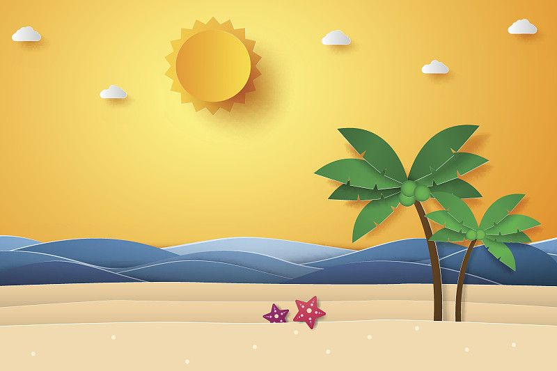 夏天，海面上有沙滩和椰子树图片下载
