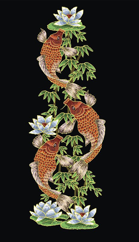 日本传统鲤鱼和花卉刺绣。图片素材
