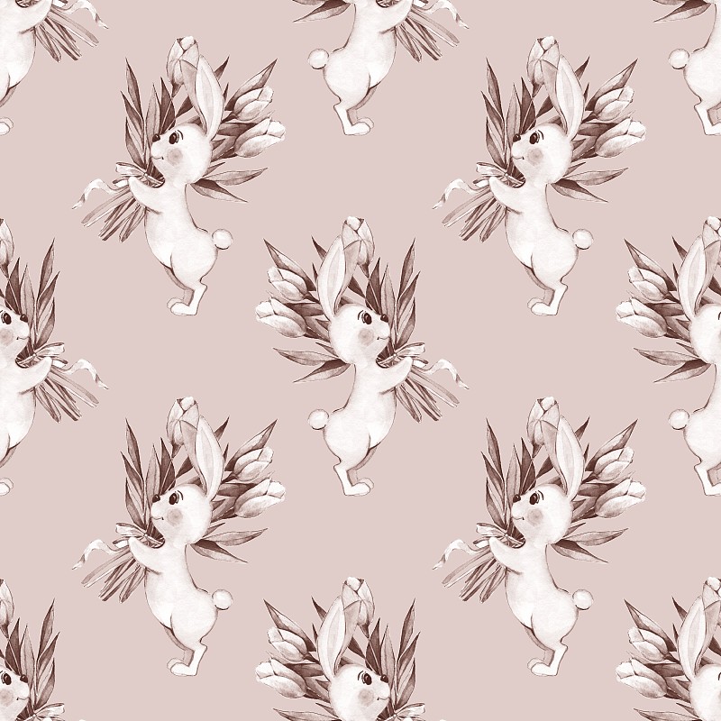 白兔和花。无缝模式5图片下载