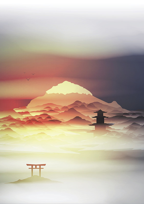 日本景观背景与山脉和拱形日落与雾矢量插图图片下载