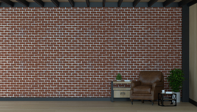 客厅的真皮扶手椅和家具设置在砖墙前的3d渲染图片下载