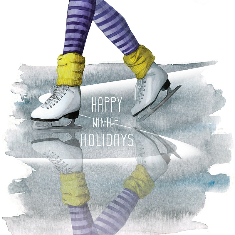:水彩画一条腿在冰上溜冰，运动，滑雪，冬天，明信片与新年和圣诞节，条纹紧身衣图片下载