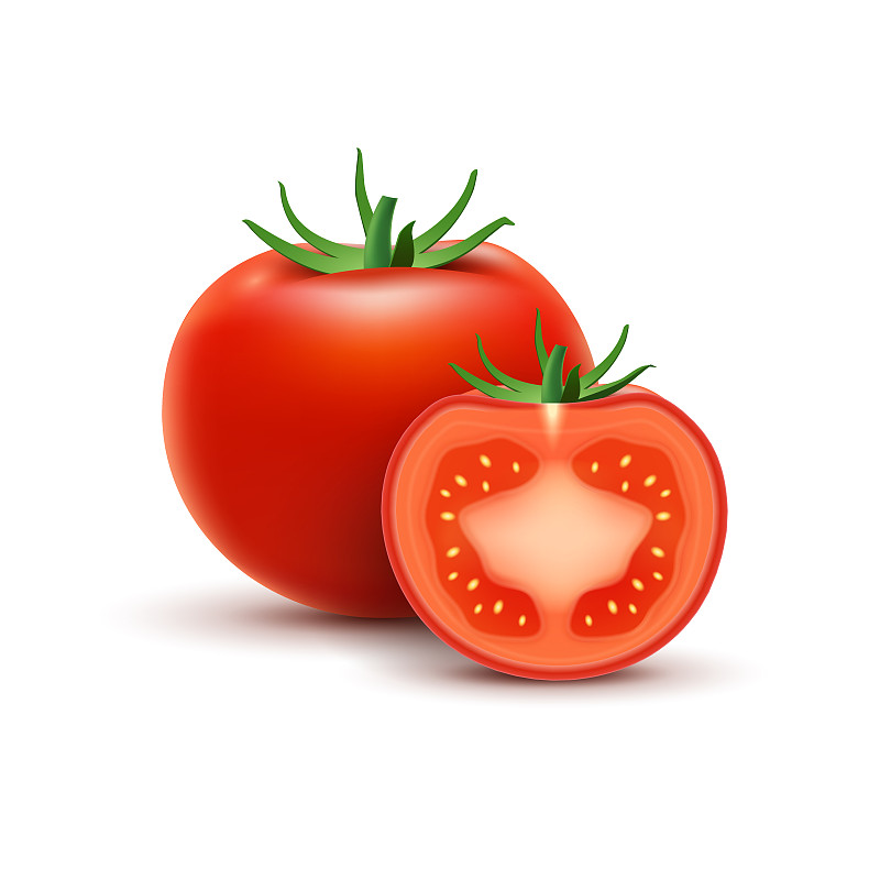 番茄片孤立在白色上。番茄有机食品照片逼真的矢量插图的健康蔬菜摄影图片下载
