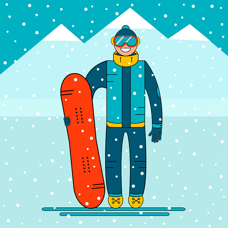 快乐的男孩和滑雪板站在一起。雪山景观。图片素材