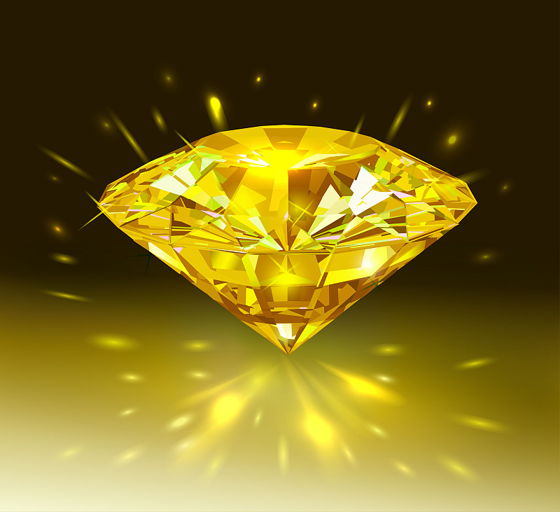 美丽明亮的黄色钻石孤立在暗黄色背景。矢量插图。图片素材