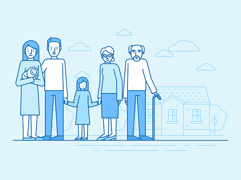 矢量平面线性插图在蓝色-幸福的家庭与祖父母和孩子图片下载