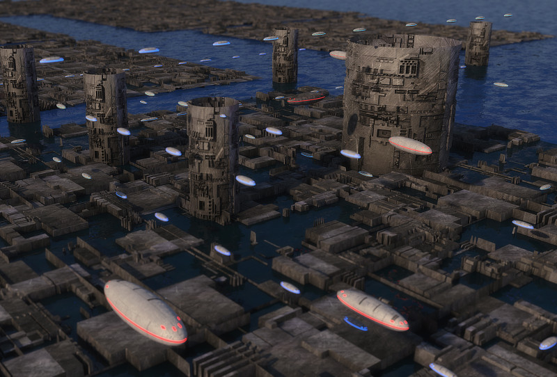 3 d渲染。未来城市和宇宙飞船图片素材