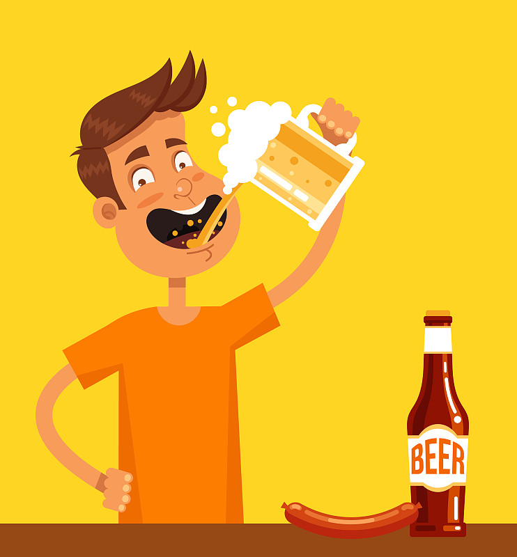 快乐微笑的男人人物吉祥物拿着杯子喝啤酒和饮料。庆祝节日酗酒成瘾元素概念。矢量平面卡通孤立设计图形说明图片素材